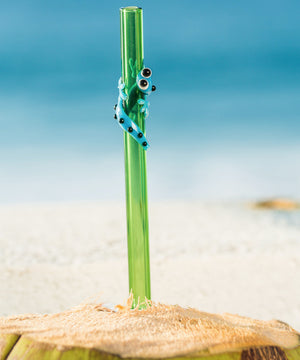 Glass Straw - Sky Blue Gecko On Green Straight Glass Straw