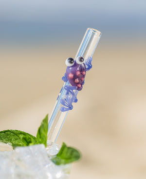 Hummingbird Glass Straws Purple Frog on Clear Straight 8 in x 9.5 mm with Cleaning Brush